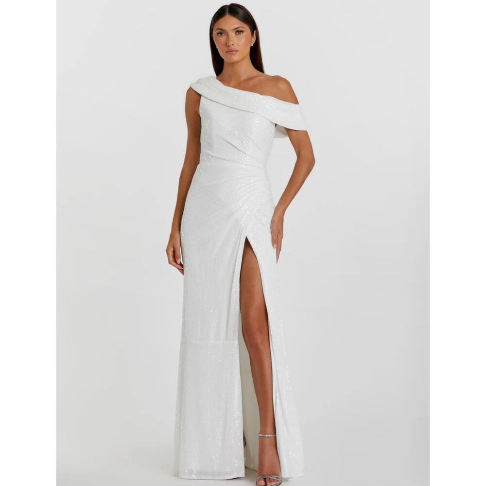 Mac Duggal Women's Foldover One-Shoulder Slit Gown, stretchy sequin size 12